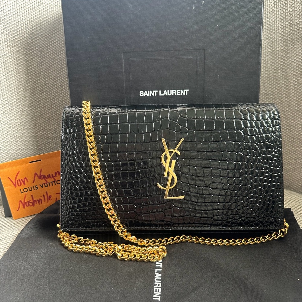Saint Laurent Cassandra YSL Wallet on Chain in Croc Embossed Leather